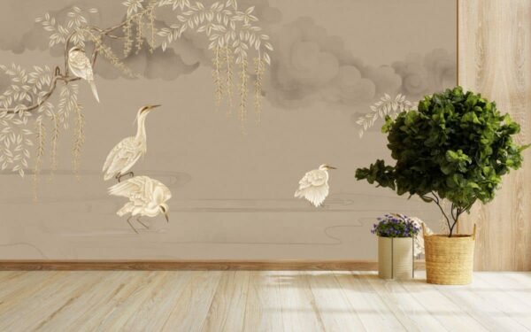 Sarangini, Beige Avian Symphony Wallpaper Mural