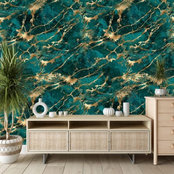 Teal and Gold Marble Texture Wallpaper