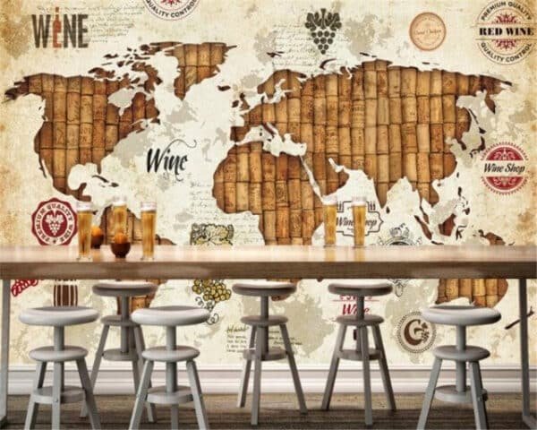 3D-Wallpaper Retro Personality World Map Red Wine Oak Bar Wallpaper
