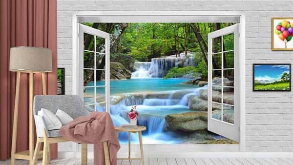 3D Scenic Waterfall Through Window Wallpaper