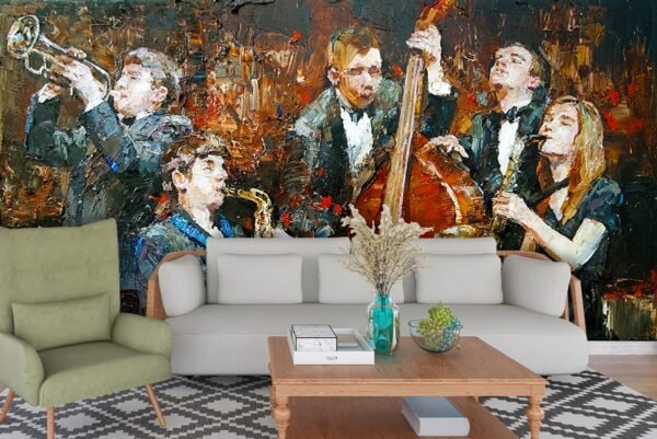 A painting of a group of people playing instruments 3D wallpaper
