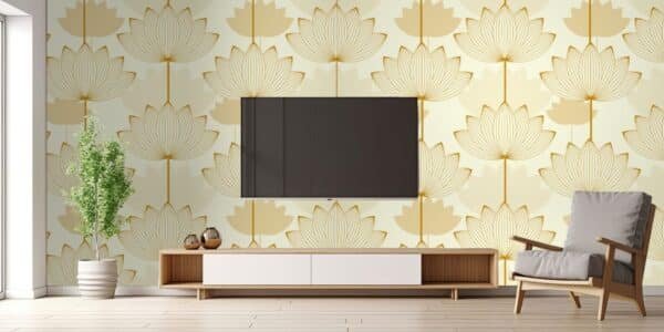 Asian Style Lotus Flower Gold Ivory Shades 3D Wallpaper Design