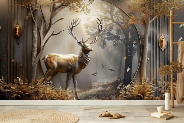 Barahsinga 3D Golden Reindeer Mural Wallpaper
