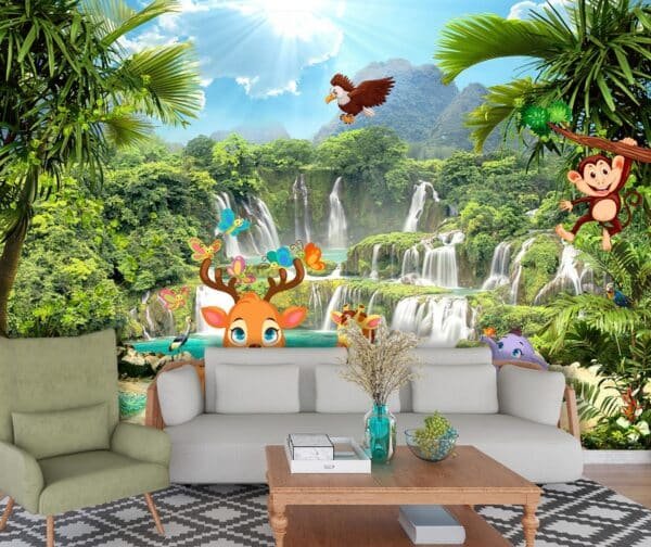 Cute Animals in Tropical Forest Kids Wallpape