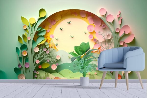 Kids Room Wallpaper Paper cut out of trees and flowers