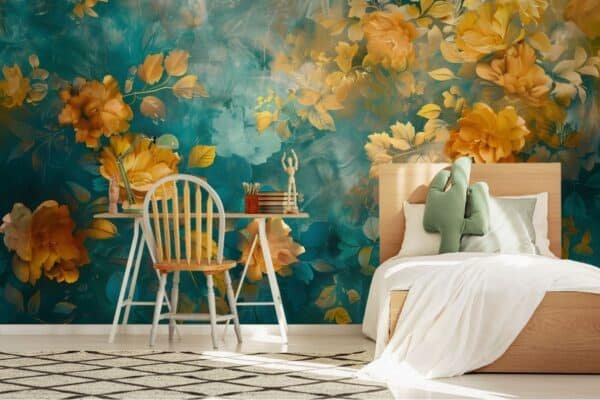 Luminous Golden Flowers Painting 3D Wallpaper Mura
