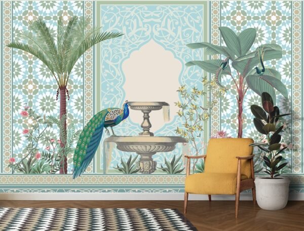 Peacock 3D Wallpaper A peacock drinking from a fountain