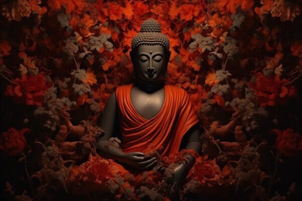 Buddha statue surrounded by orange flowers 3D wallpapers