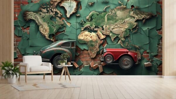 3D Car Passing Through World Map on A Brick Wall Mural Wallpaper