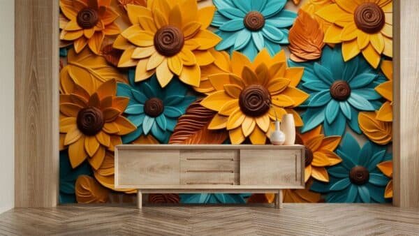 3D Turquoise Amber Morning Glories Sunflowers Wallpaper Mural