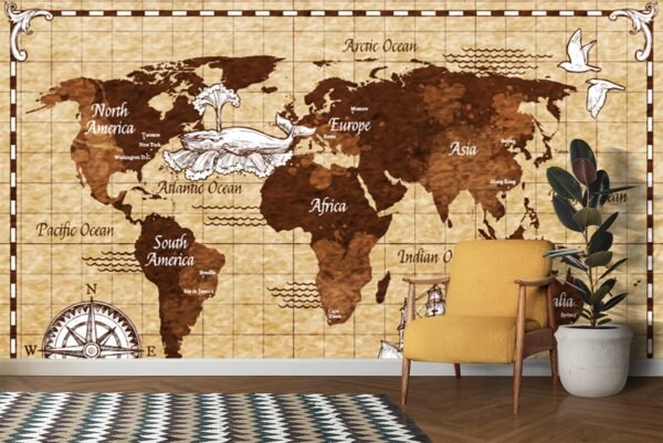 A map of the world with ships and a compass