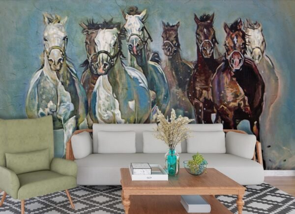 A painting of horses running