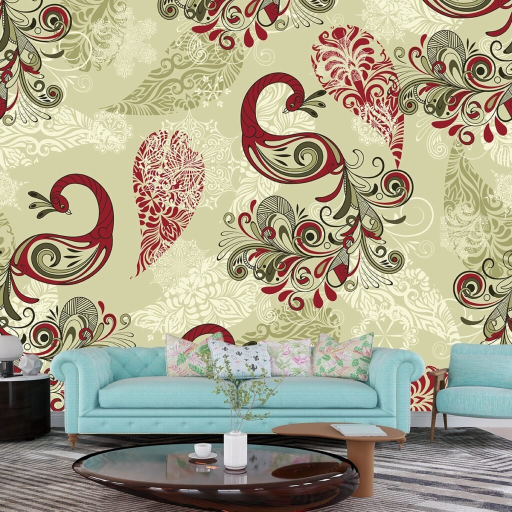 A Short Guide to Vastu-compliant Luxury 3D wallpapers for home/offec/shop/droingrooms/bad rooms/leving rooms 9 A pattern of red and green peacocks 9