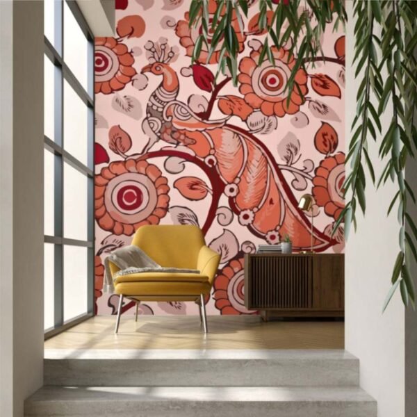 Beautiful Kalamkari Peacock Wallpaper Mural
