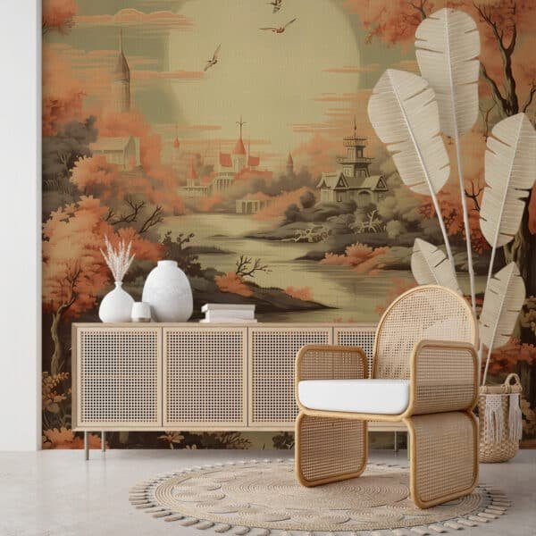 Beautiful Vintage Scenic Wallpaper in Japandi Style for wall