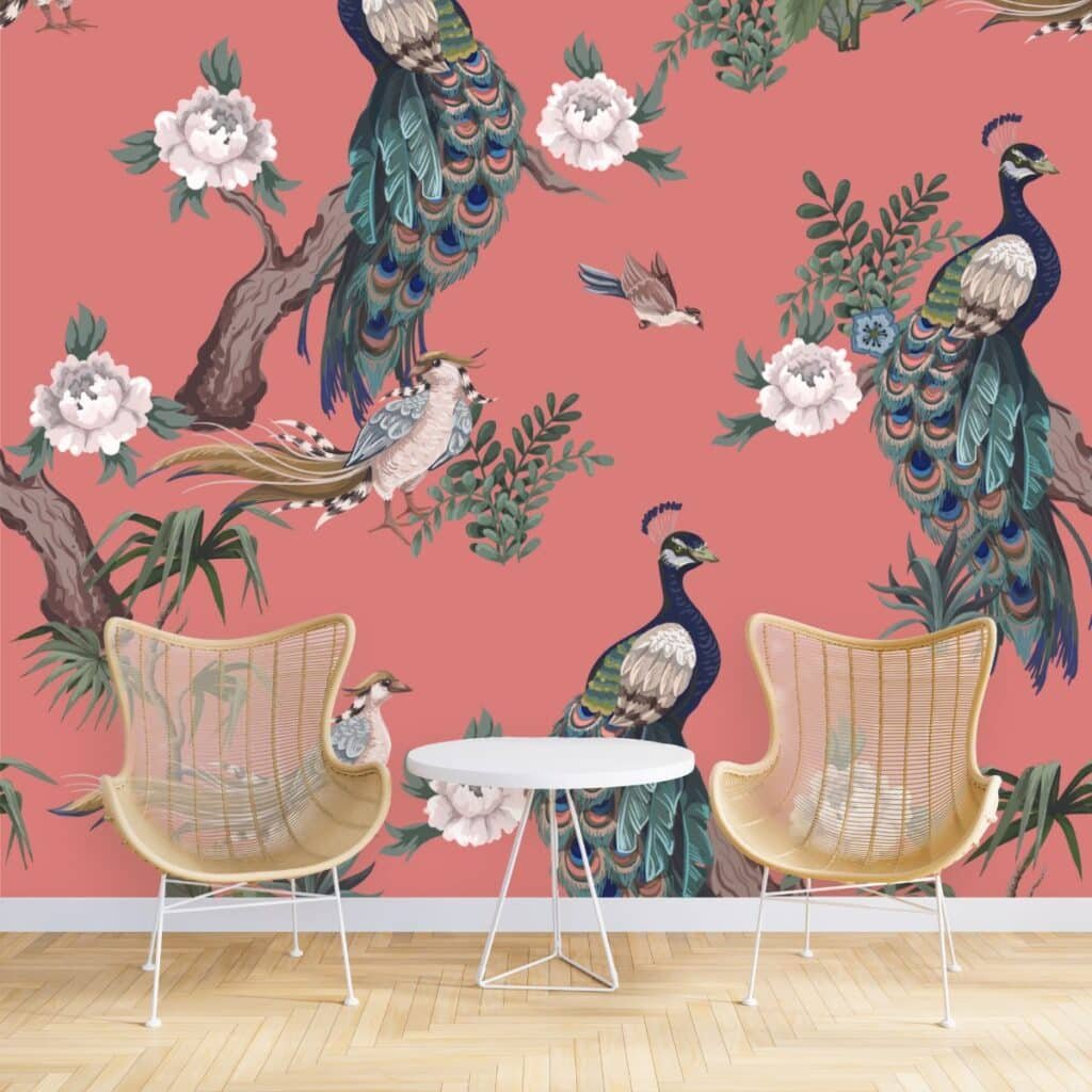 Chinoiserie Wallpaper With Herons Peacock And Peonies for wall design