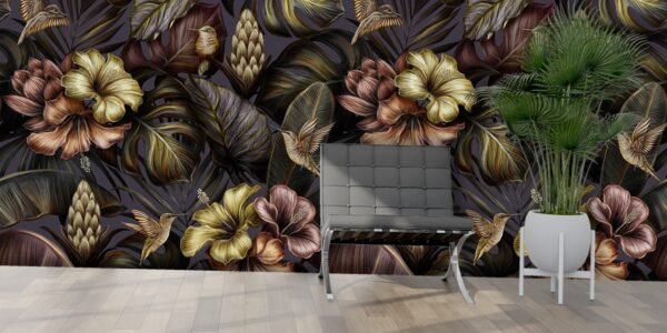 Floral Pattern Wallpaper with Hummingbirds
