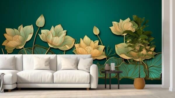 Golden Green Lotus Line Art Mural Wallpaper