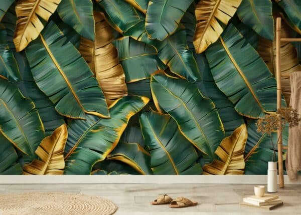 Gritty Greeny Gold Banana Leaves Mural Wallpaper