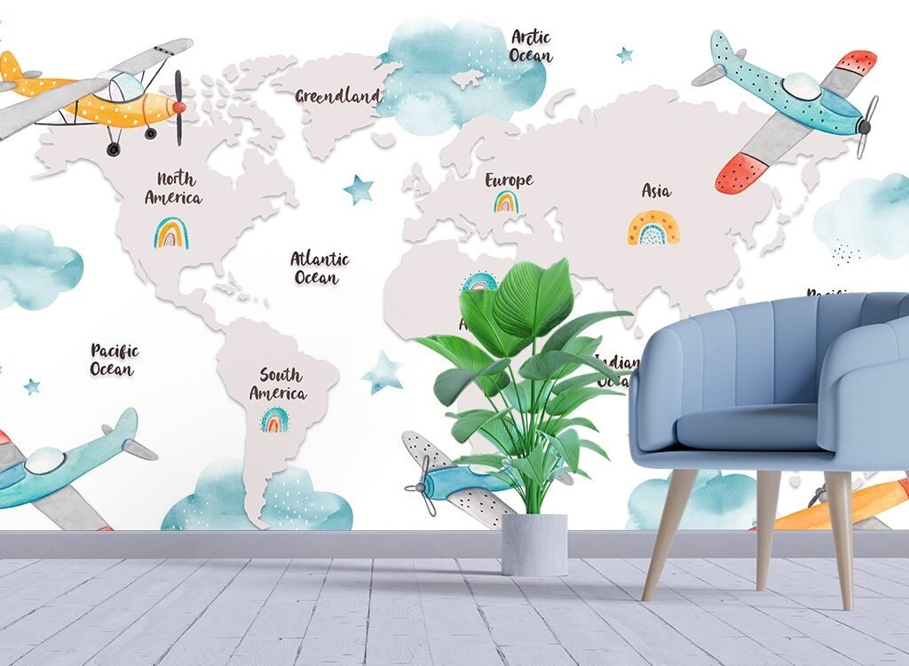 A Short Guide to Vastu-compliant Luxury 3D wallpapers for home/offec/shop/droingrooms/bad rooms/leving rooms 7 Kids Room Wallpaper A map of the world with cartoon airplanes and clouds 7