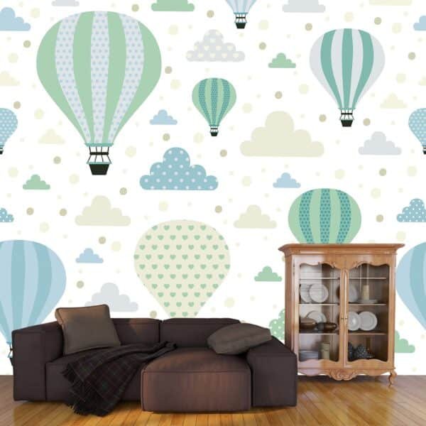 Kids Room Wallpaper A pattern of hot air balloons and clouds