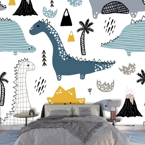 Kids Room Wallpaper Pattern of dinosaurs and palm trees