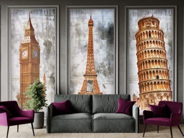 Pisa London Paris Monuments Painting Wallpaper for Wall Frame