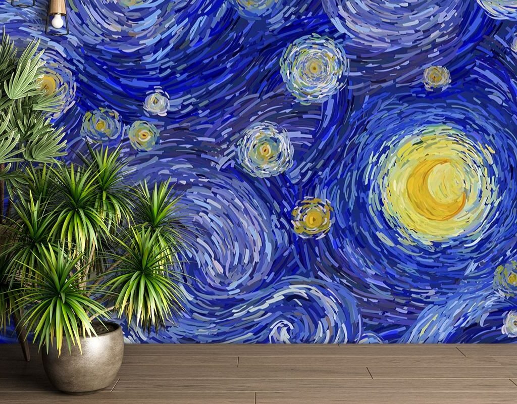 A Short Guide to Vastu-compliant Luxury 3D wallpapers for home/offec/shop/droingrooms/bad rooms/leving rooms 13 Van A painting of stars and circles in a starry night sky 13