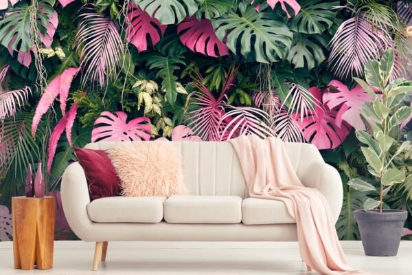 3D Wallpaper for House Wall Group of pink and green leaves