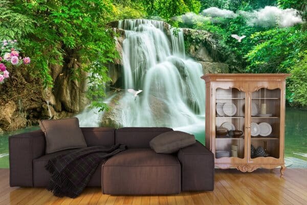 Waterfall Wallpaper for Wall A waterfall with swans and fish in