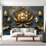3D Metallic Texture Golden Lotus Wallpaper Mura