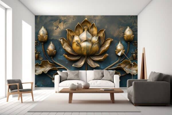 3D Metallic Texture Golden Lotus Wallpaper Mura