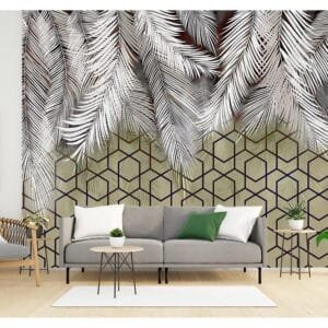 3D Geometric with Leaves Wallpaper