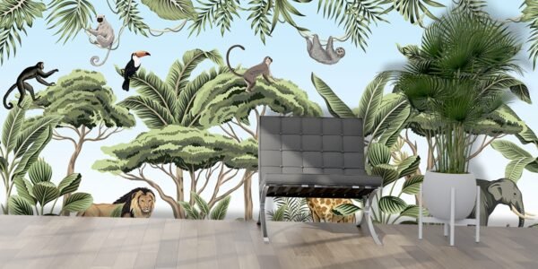 A wallpaper with animals and trees