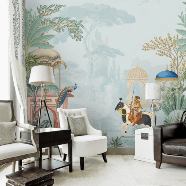 mughal emperor riding horse garden wallpaper