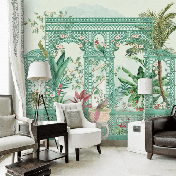 mughal garden with bird parrot peacock plants tree palace illustration pattern wallpaper