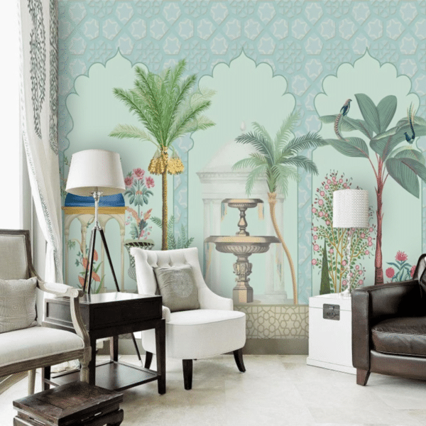 decorativem moroccan pattern with palm tree plant bird illustration wallpaper