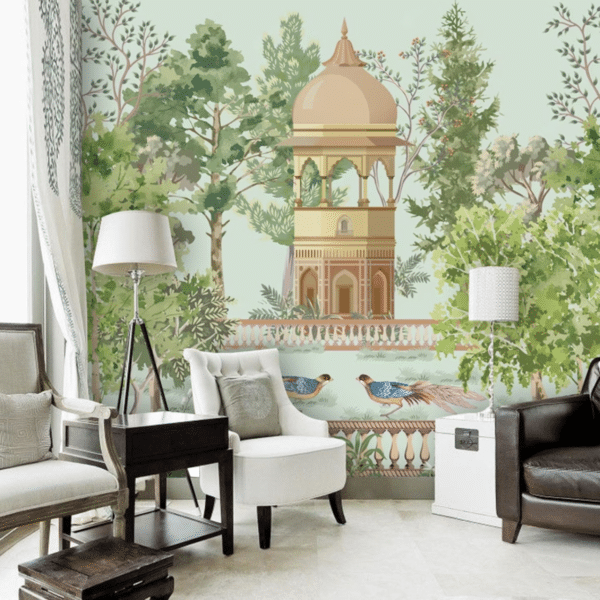 3D mughal garden palace temple with birds illustration wallpaper