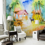 3D hand painted  homes trees bullock cart cow rural landscape wallpaper 