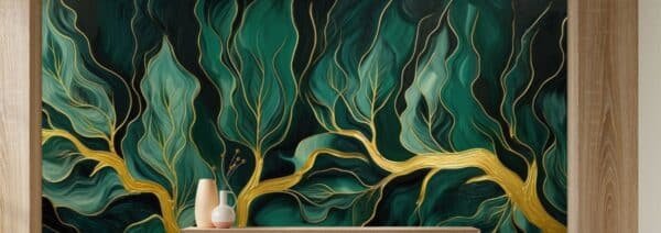 Gold and Emerald Green Leaves Mural Wallpaper