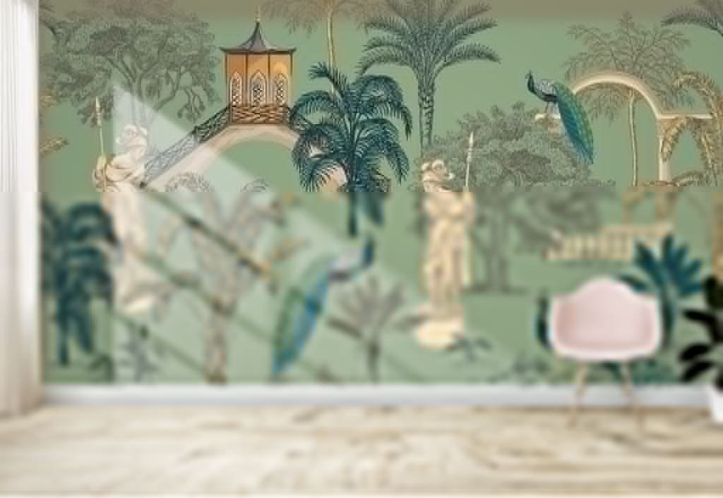 Tropical Park With Trees Peacock and Statues Wallpaper for Wall