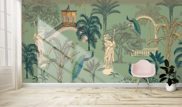 Tropical Park With Trees Peacock and Statues Wallpaper for Wall