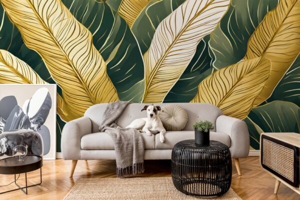 Golden Line Art Tropical Leaves Wallpaper.