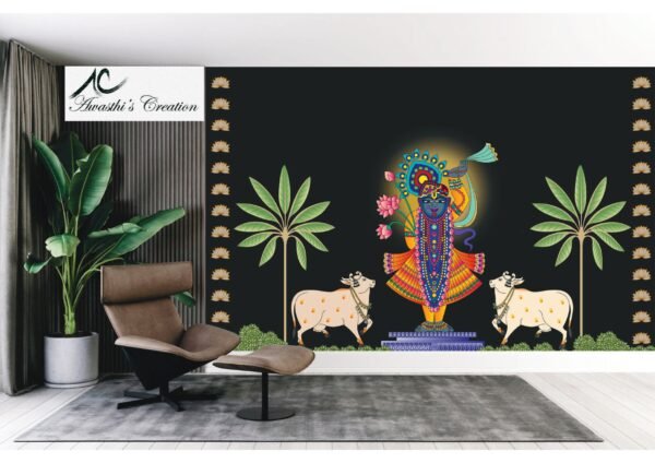 Shreenathji (Shree Krishna) with pichwai cow pattern , lotus pattern on brown background - pichwai wallpaper for interior decoration