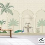 Chinoiseries Pattern with palm tree and Peacock Wallpaper Murals