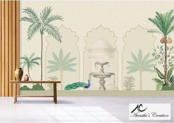Chinoiseries Pattern with palm tree and Peacock Wallpaper Murals