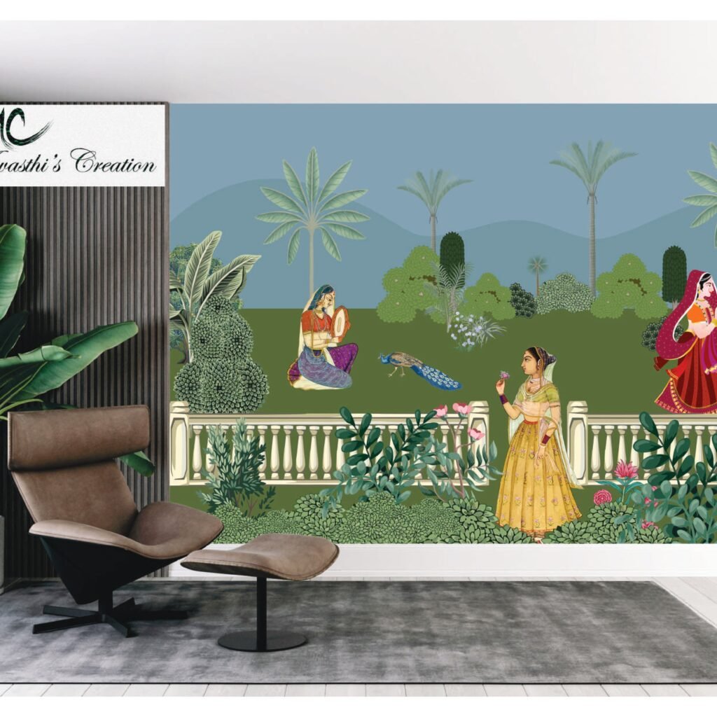 Chinoiseries Pattern with palm tree and lades Wallpaper Murals