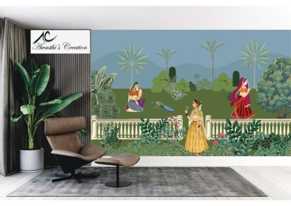 Chinoiseries Pattern with palm tree and lades Wallpaper Murals