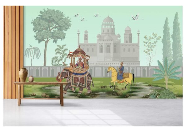 Bharat Indian Mughal Wallpaper - King & Queen in Royal Garden Wall Mural, Lush Green Background, Best Seller Room Decor