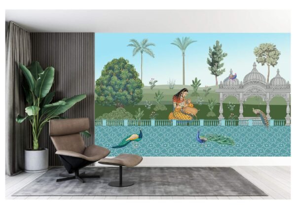 Mughal Rani with Hiran and Mayur Miniature Wallpaper Mural